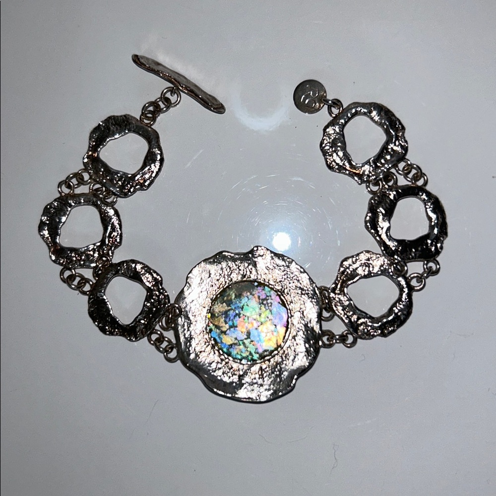 Genuine Sterling Silver Ancient Roman Glass Designer Toggle Bracelet Boho